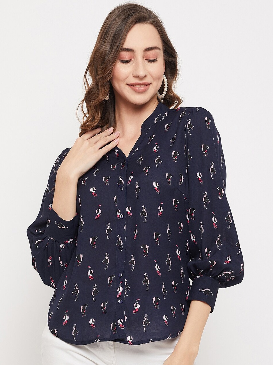 

BAESD Conversational Printed Shirt Style Top, Navy blue