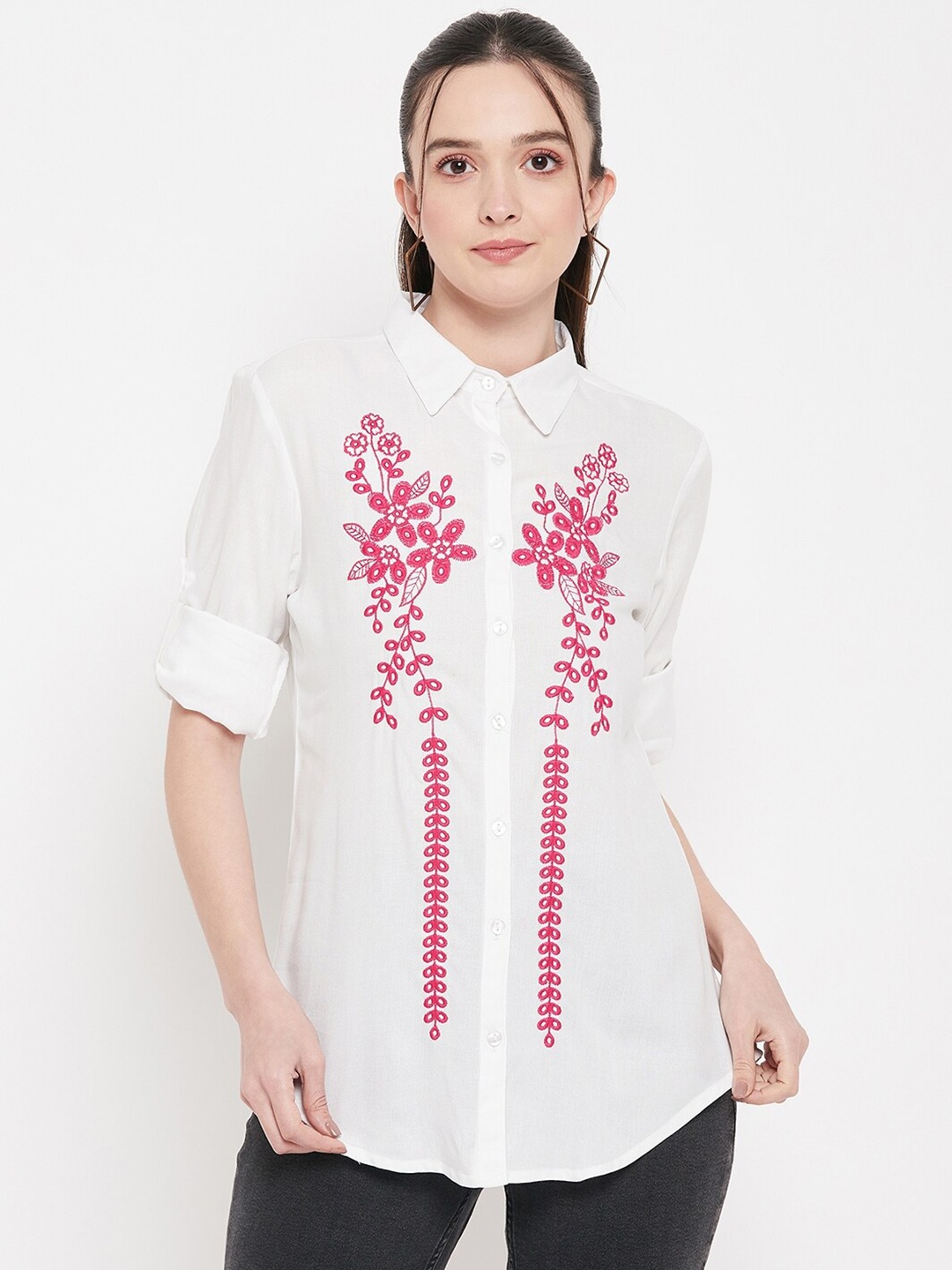 

BAESD Classic Floral Embroidered Casual Shirt, White