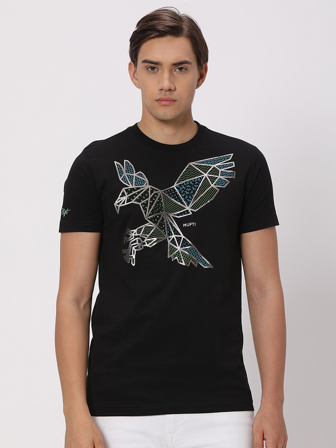 

Mufti Graphic Printed Round Neck Pure Cotton Slim Fit T-shirt, Black
