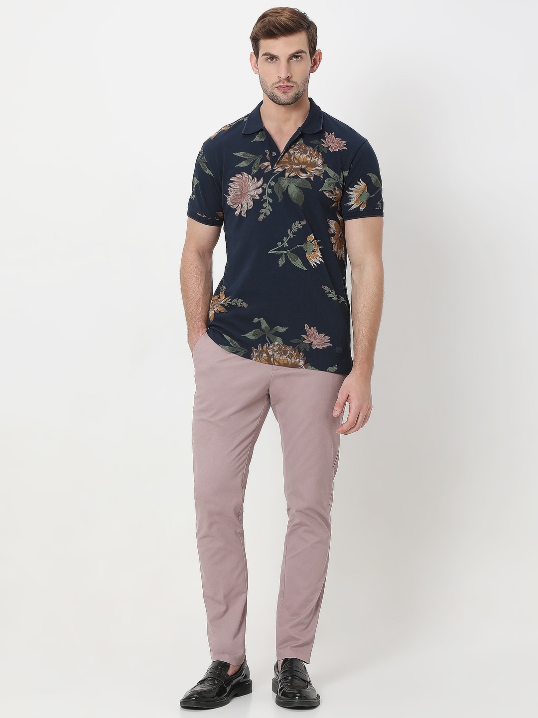 

Mufti Floral Printed Polo Collar Pure Cotton Slim Fit T-shirt, Navy blue