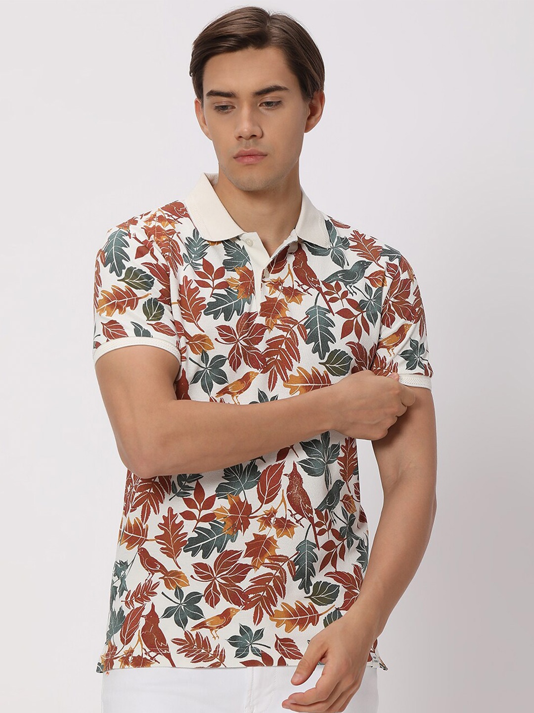 

Mufti Floral Printed Polo Collar Pure Cotton Slim Fit T-shirt, Off white