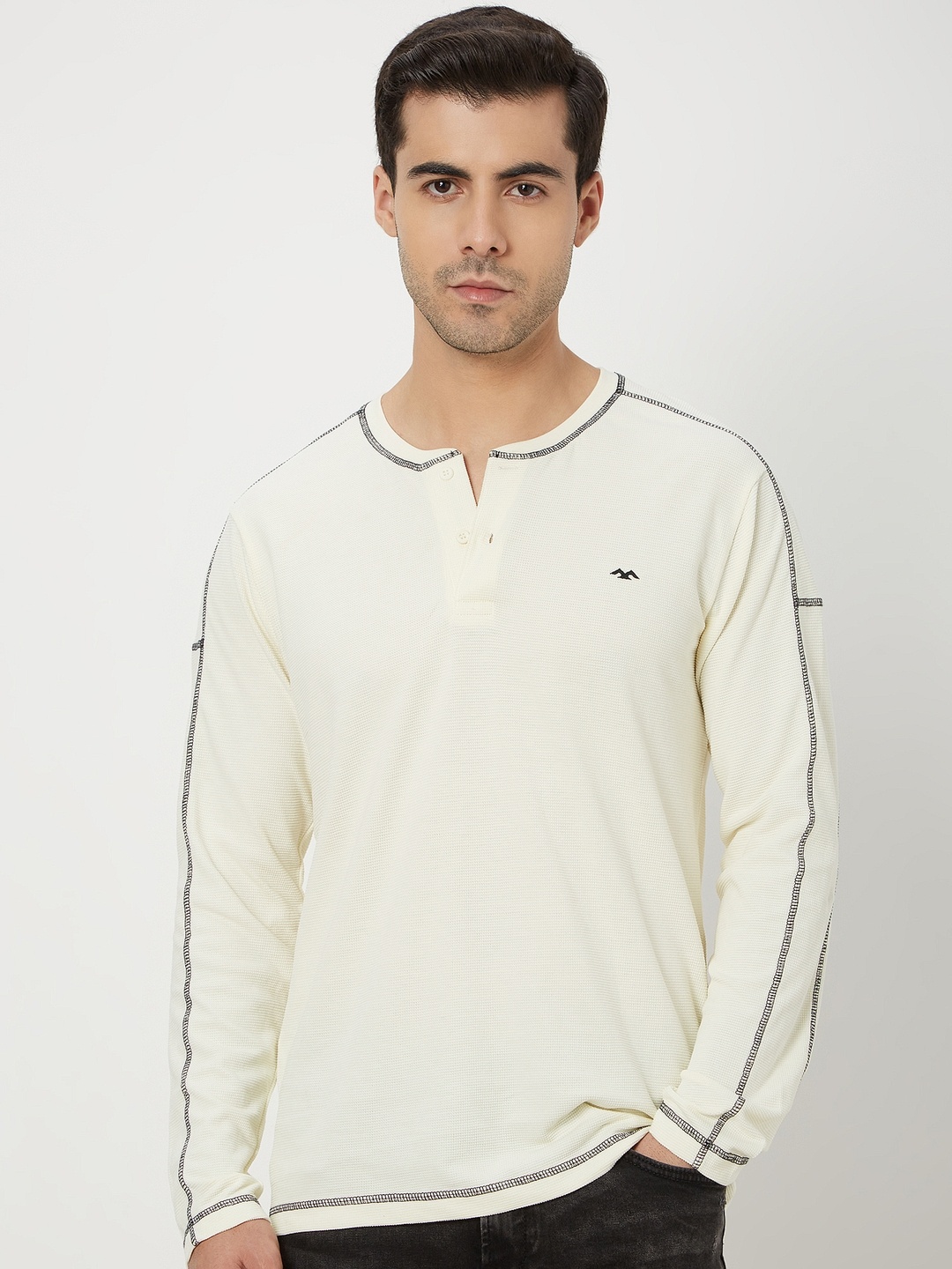 

Mufti Mandarin Collar Pure Cotton Slim Fit T-shirt, Off white