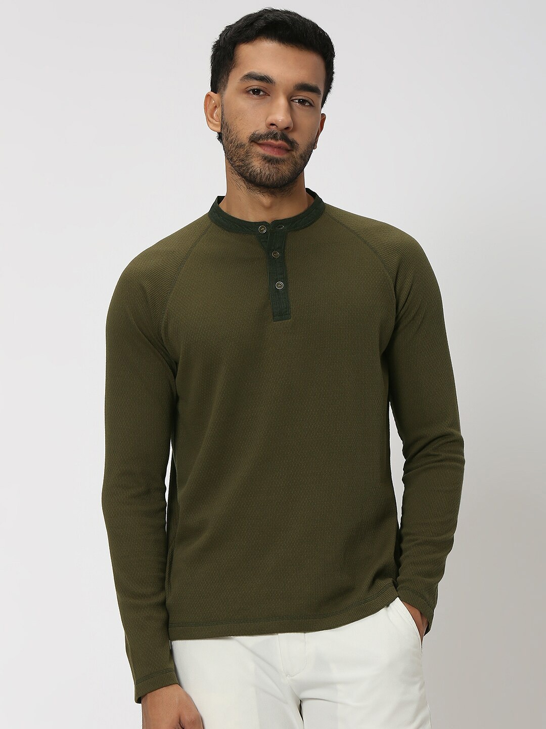 

Mufti Mandarin Collar Long Sleeves Slim Fit T-shirt, Olive
