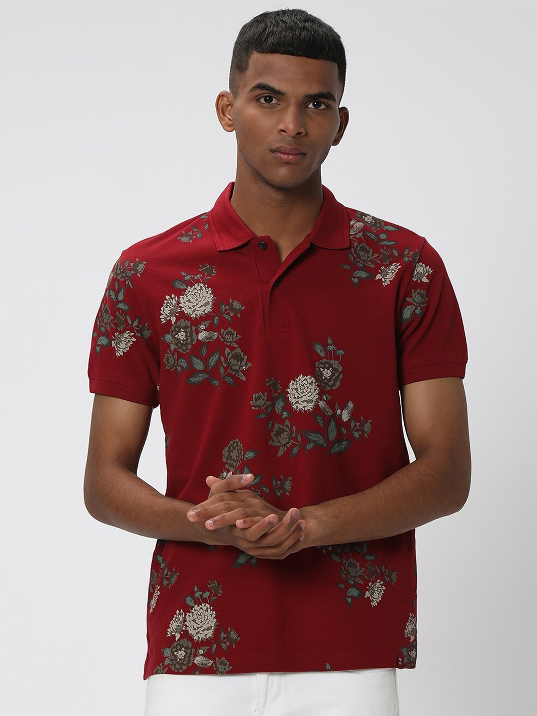 

Mufti Floral Printed Polo Collar Slim Fit Pure Cotton T-Shirt, Maroon