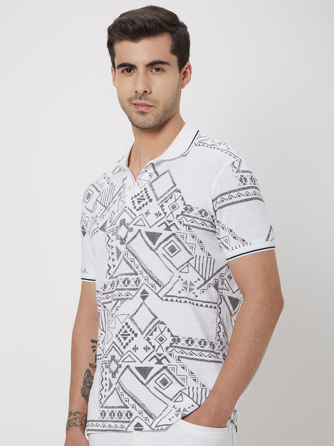 

Mufti Geometric Printed Polo Collar Pure Cotton T-Shirt, White