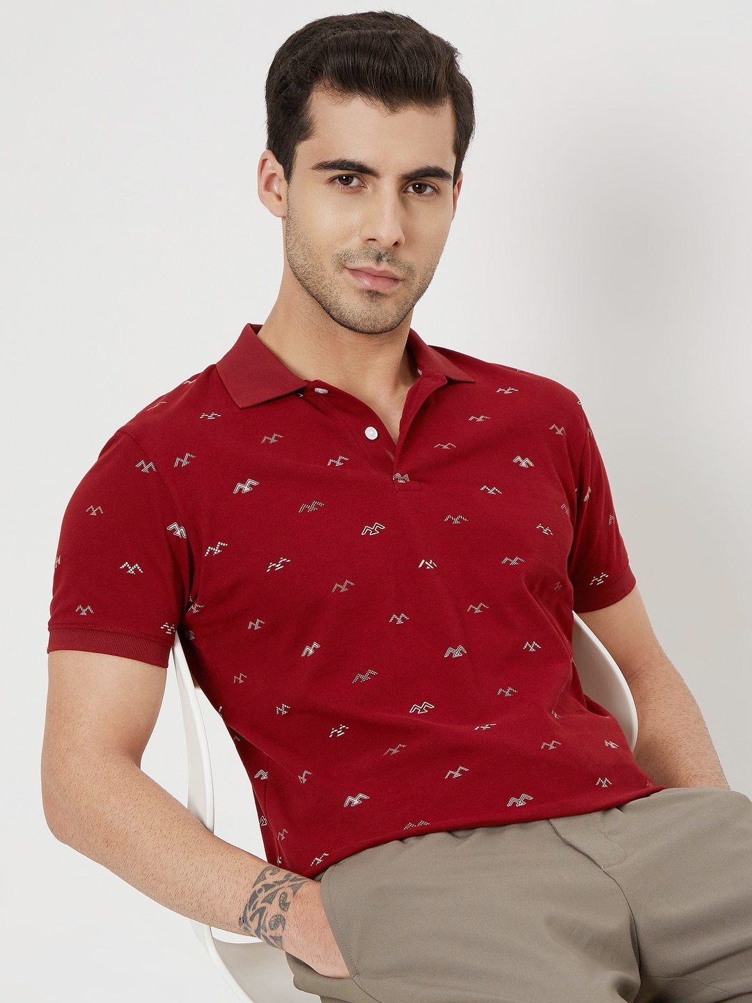 

Mufti Conversational Printed Polo Collar Slim Fit Pure Cotton T-Shirt, Maroon