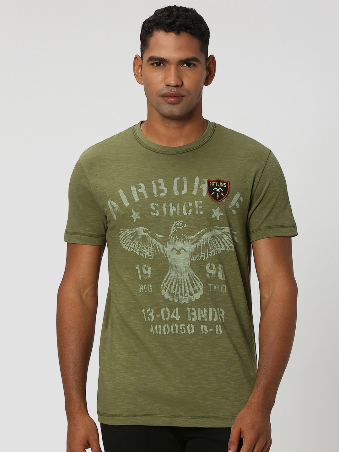 

Mufti Typography Printed Slim Fit Pure Cotton T-Shirt, Olive
