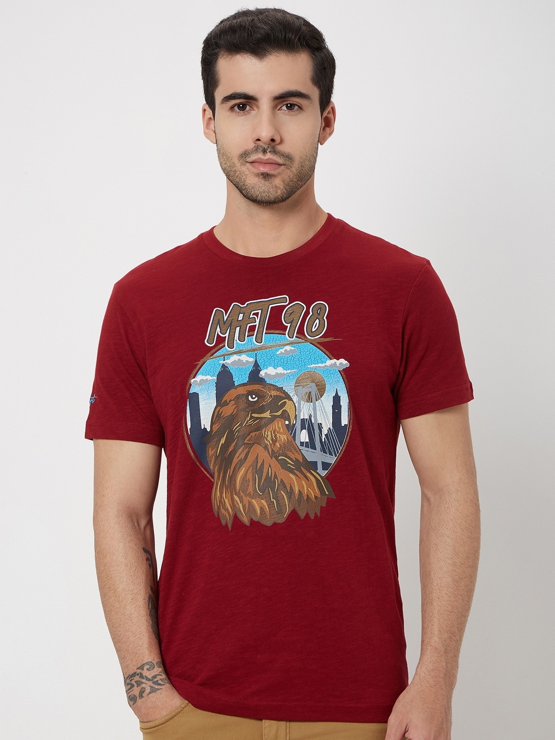 

Mufti Graphic Printed Slim Fit Pure Cotton T-Shirt, Maroon