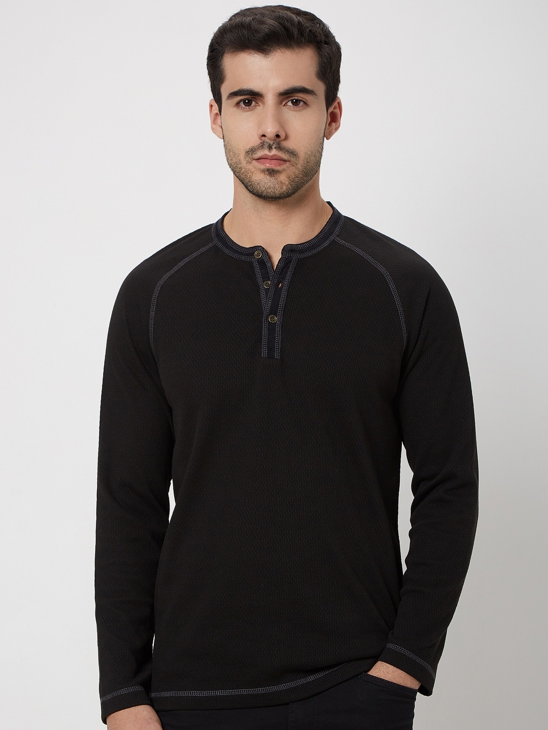 

Mufti Henley Neck Raglan Sleeves Slim Fit T-shirt, Black