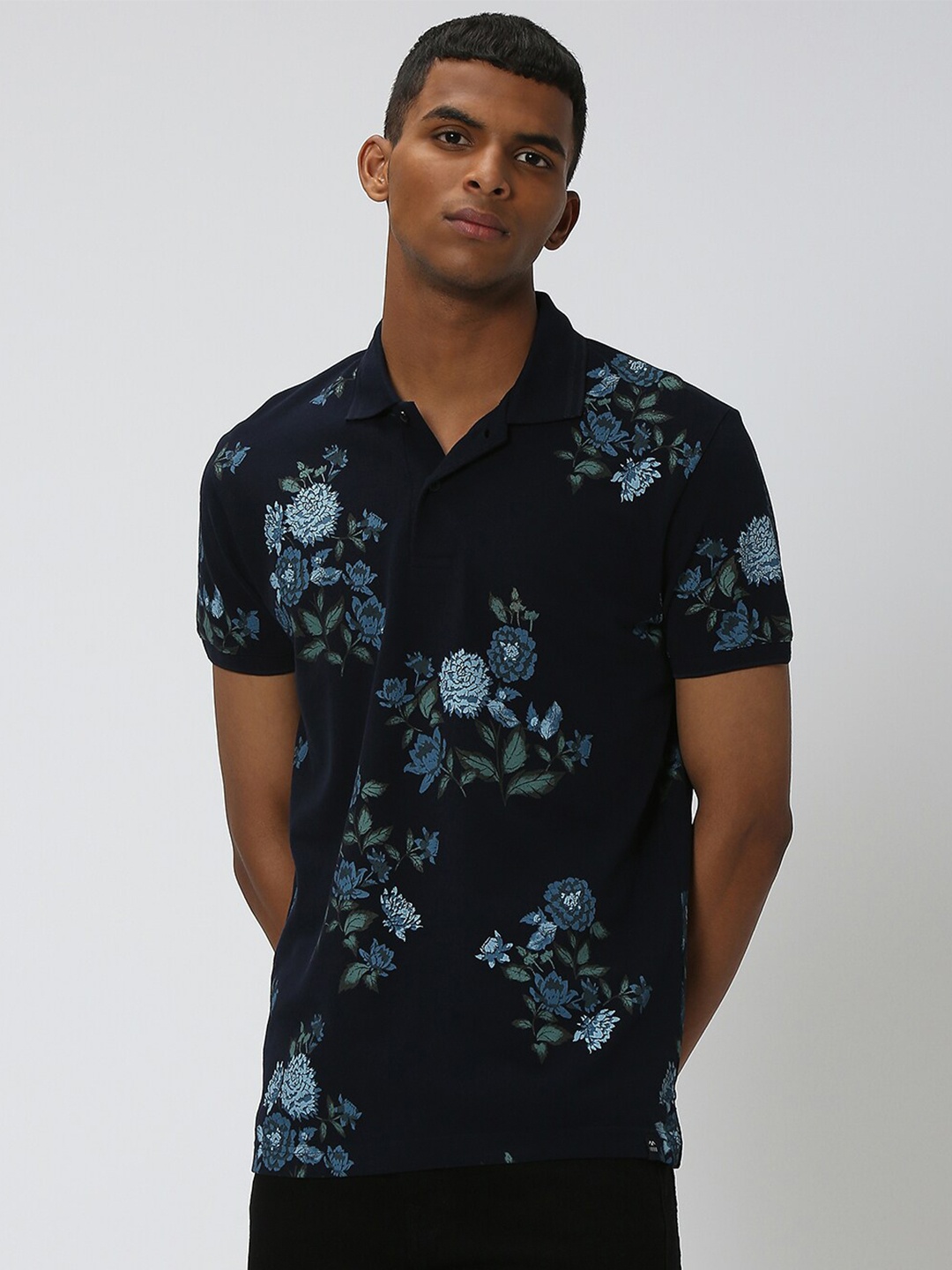 

Mufti Floral Printed Polo Collar Slim Fit Pure Cotton T-shirt, Navy blue