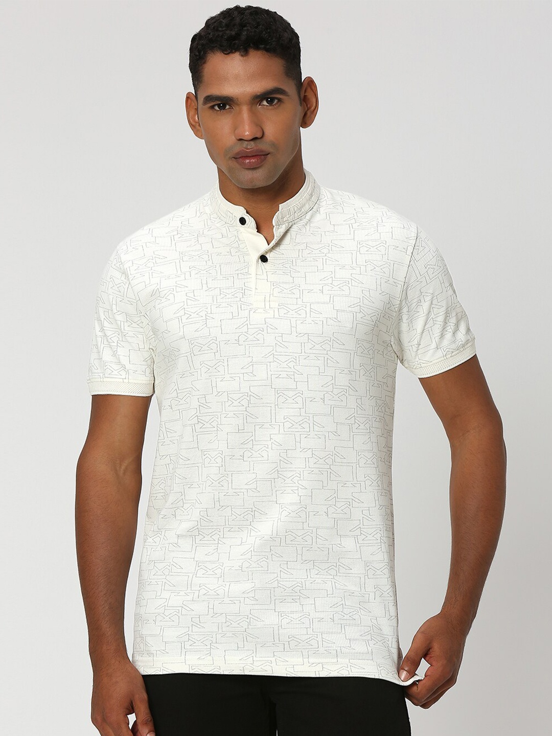 

Mufti Abstract Printed Henley Neck Slim Fit Pure Cotton T-shirt, Off white