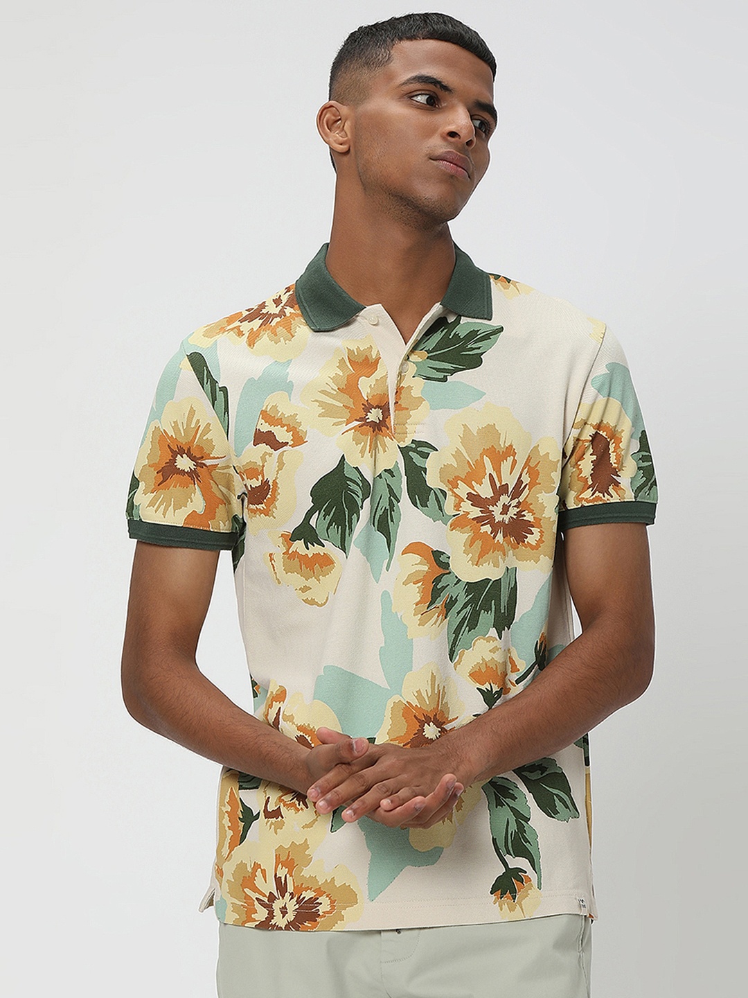 

Mufti Floral Printed Polo Collar Slim Fit Pure Cotton T-shirt, Off white