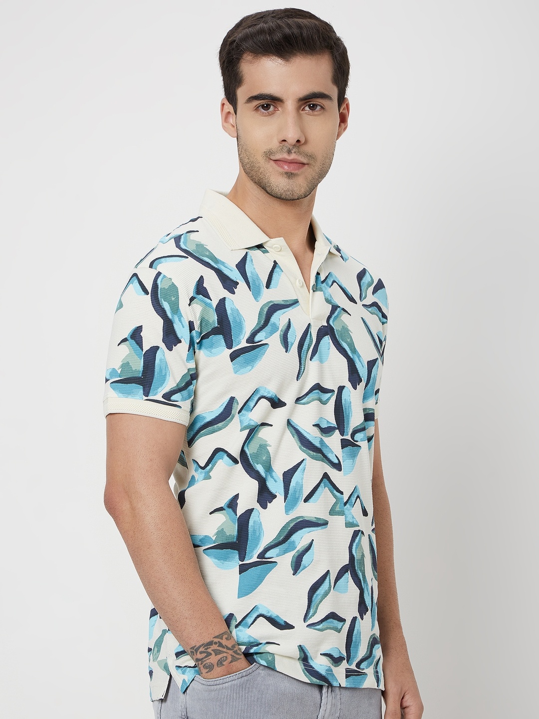 

Mufti Floral Printed Polo Collar Slim Fit Pure Cotton T-shirt, Off white