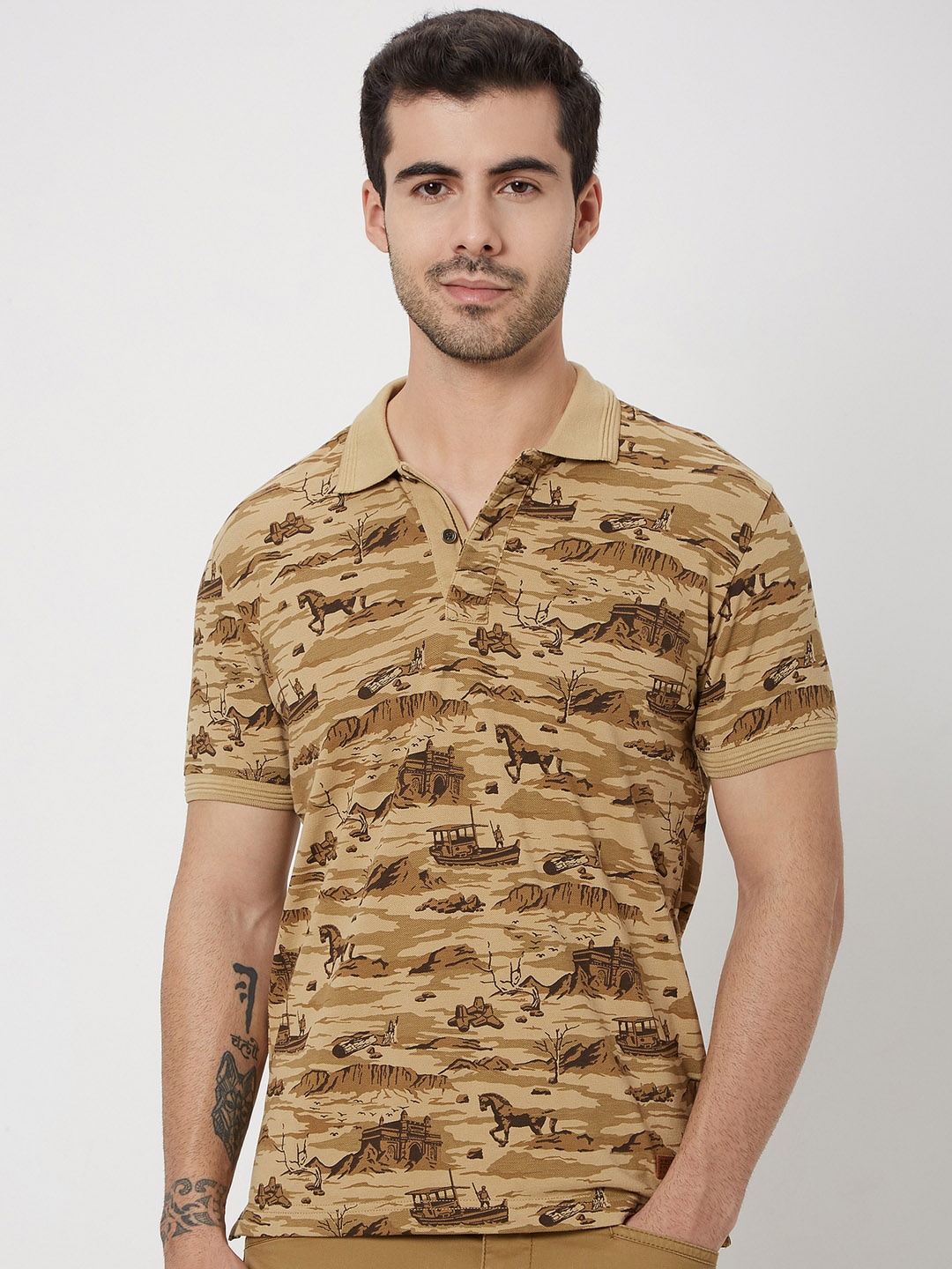 

Mufti Conversational Printed Slim Fit Polo Collar Pure Cotton T-shirt, Khaki