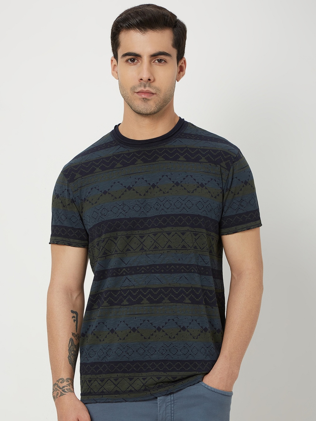 

Mufti Striped Slim Fit Pure Cotton T-shirt, Navy blue