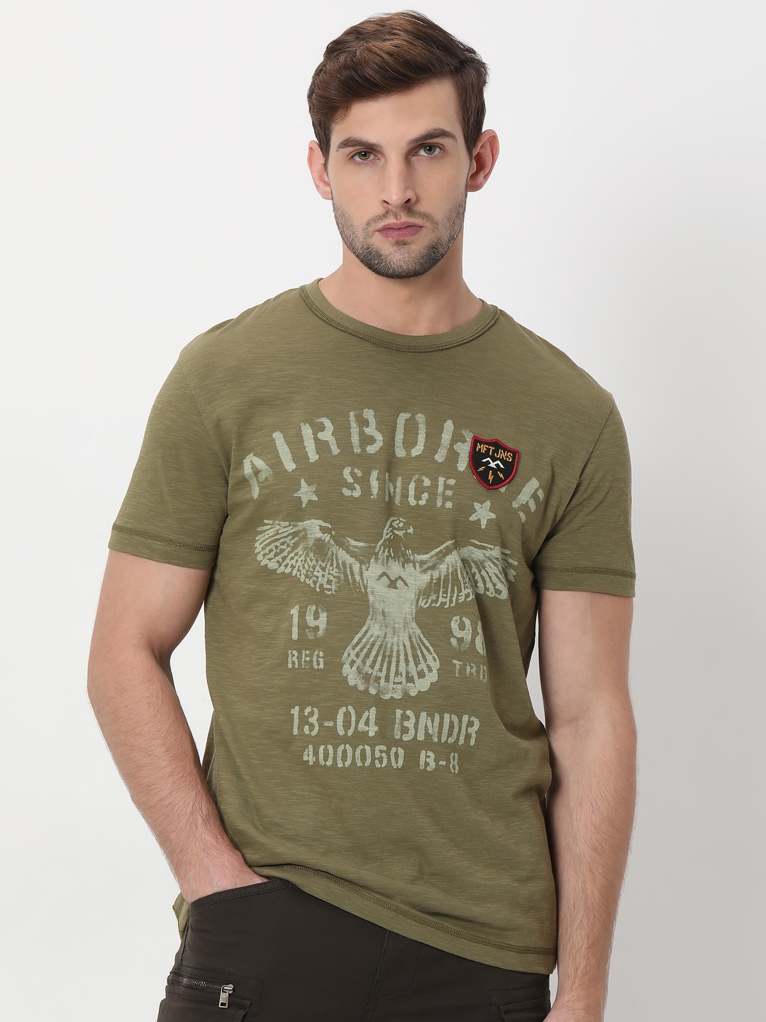 

Mufti Typography Printed Slim Fit Pure Cotton T-shirt, Olive
