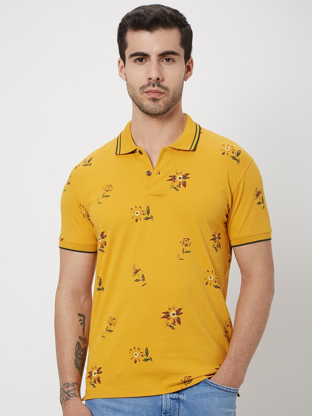 

Mufti Floral Printed Polo Collar Slim Fit Pure Cotton T-shirt, Mustard