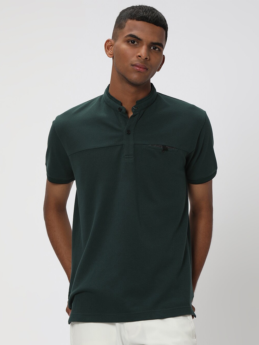 

Mufti Mandarin Collar Slim Fit Pure Cotton T-shirt, Green