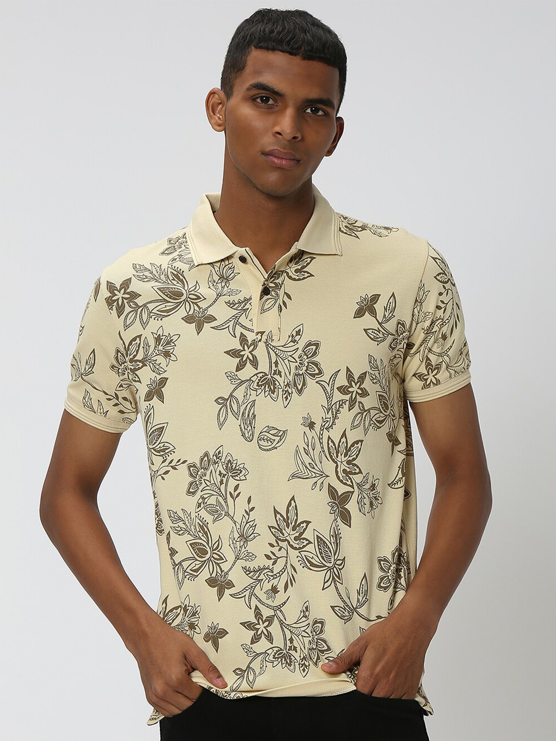 

Mufti Floral Printed Polo Collar Slim Fit Pure Cotton T-shirt, Beige