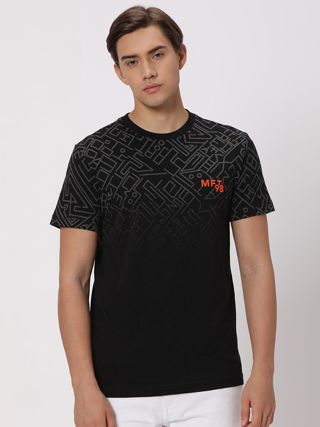 

Mufti Geometric Printed Pure Cotton Slim Fit T-shirt, Black