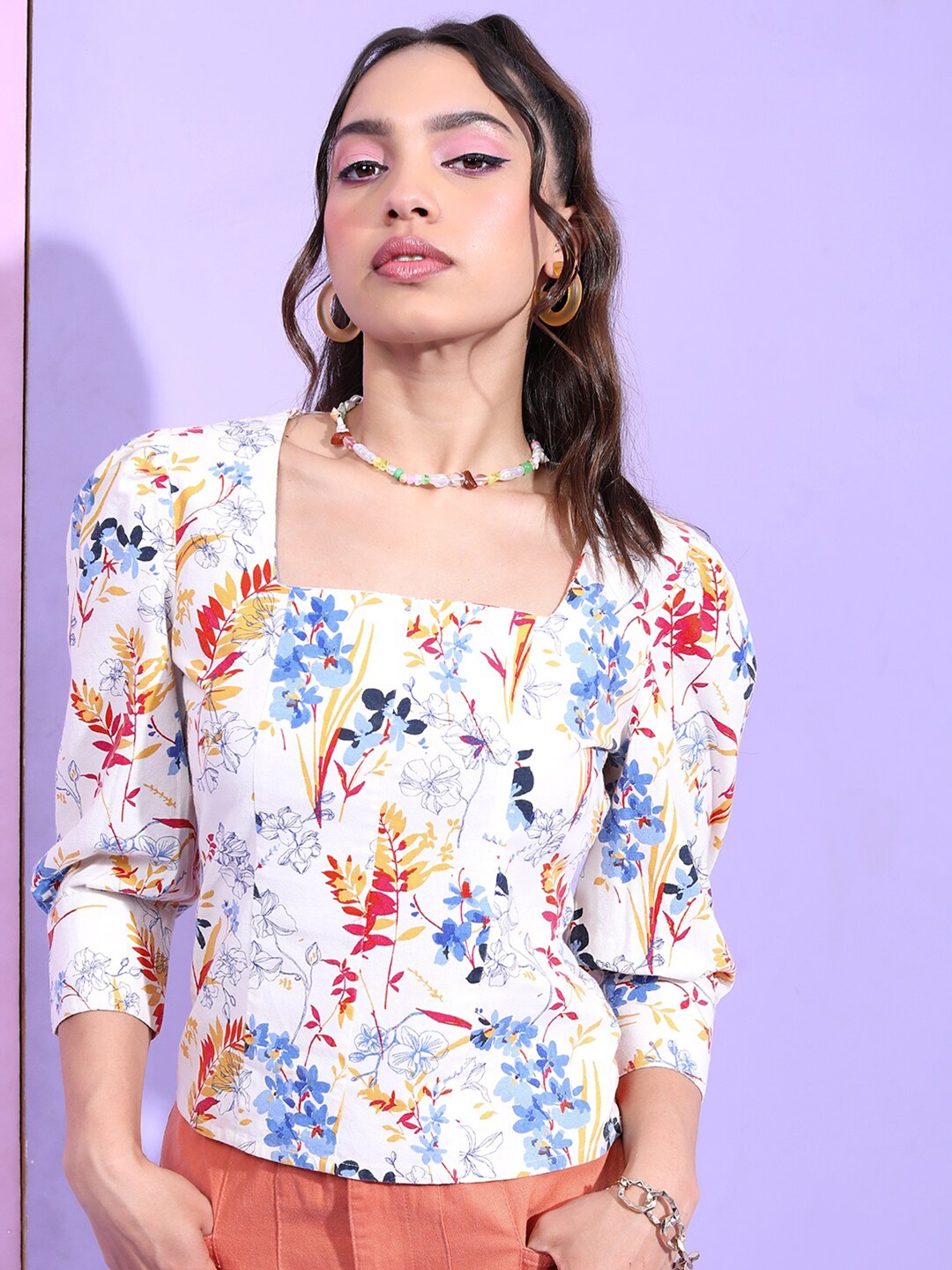 

Tokyo Talkies White Floral Printed Square Neck Cotton Top