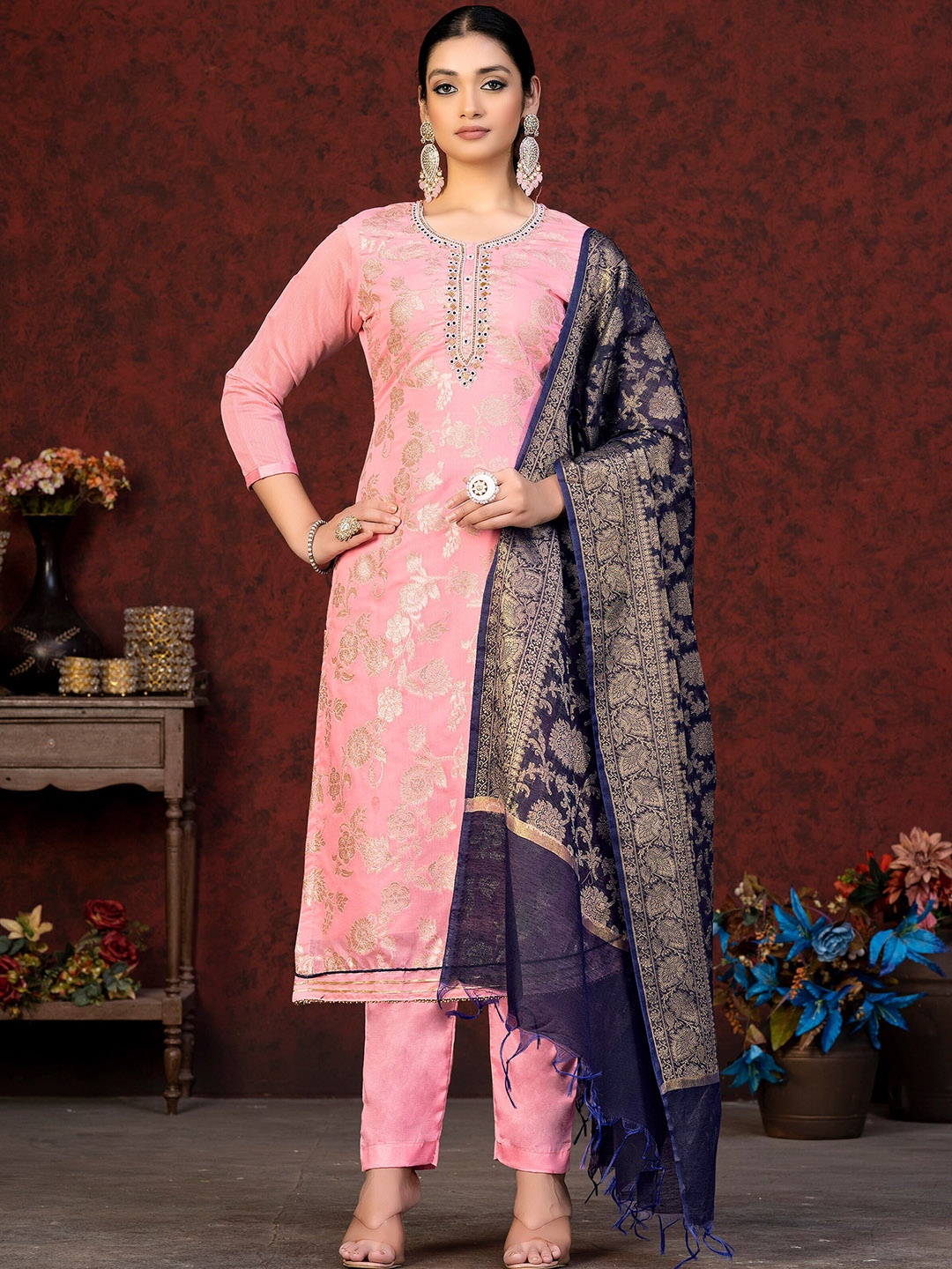

KALINI Ethnic Motifs Woven Design Zari Unstitched Dress Material, Pink