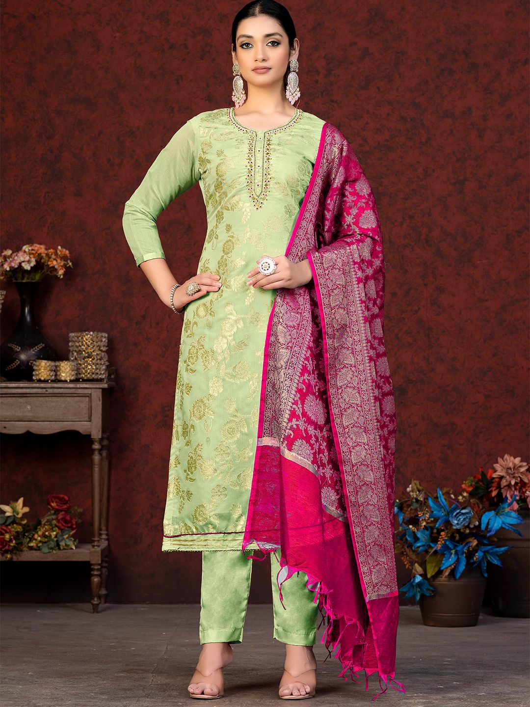 

KALINI Floral Woven Design Zari Unstitched Dress Material, Sea green