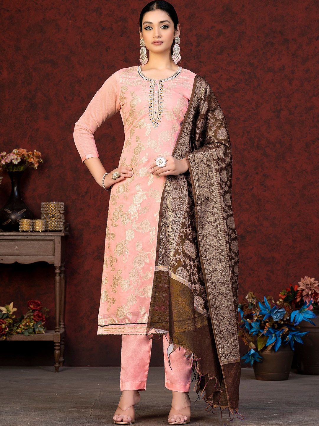 

KALINI Ethnic Motifs Woven Design Zari Unstitched Dress Material, Peach