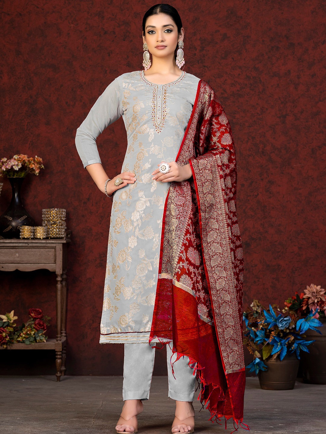 

KALINI Floral Woven Design Unstitched Dress Material, Grey