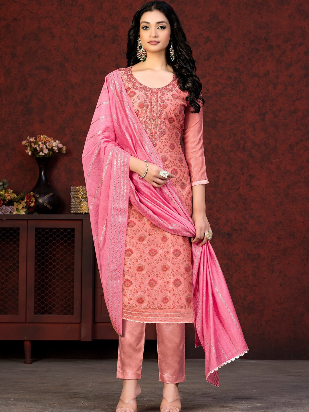 

KALINI Floral Printed Unstitched Dress Material, Peach