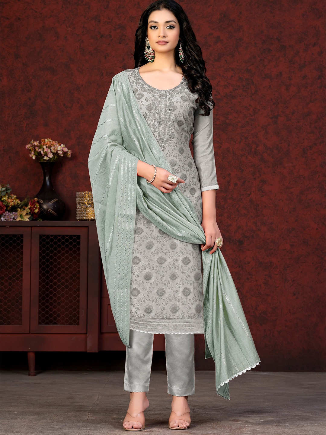 

KALINI Floral Printed Unstitched Dress Material, Grey