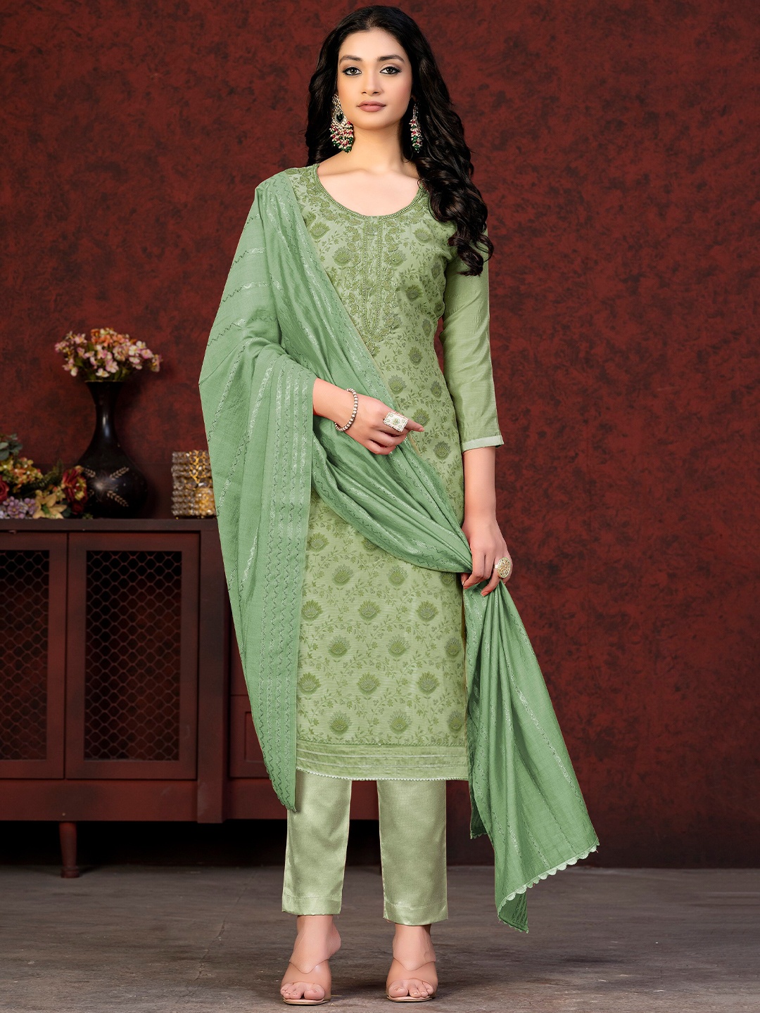 

KALINI Floral Printed Unstitched Dress Material, Green
