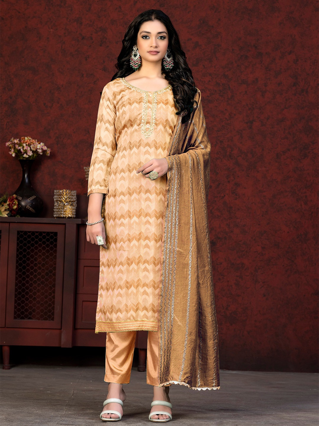 

KALINI Abstract Printed Unstitched Dress Material, Brown