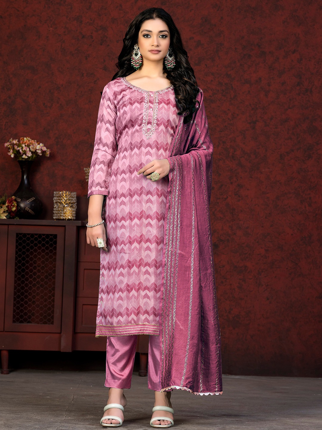 

KALINI Ethnic Motifs Printed Unstitched Dress Material, Pink