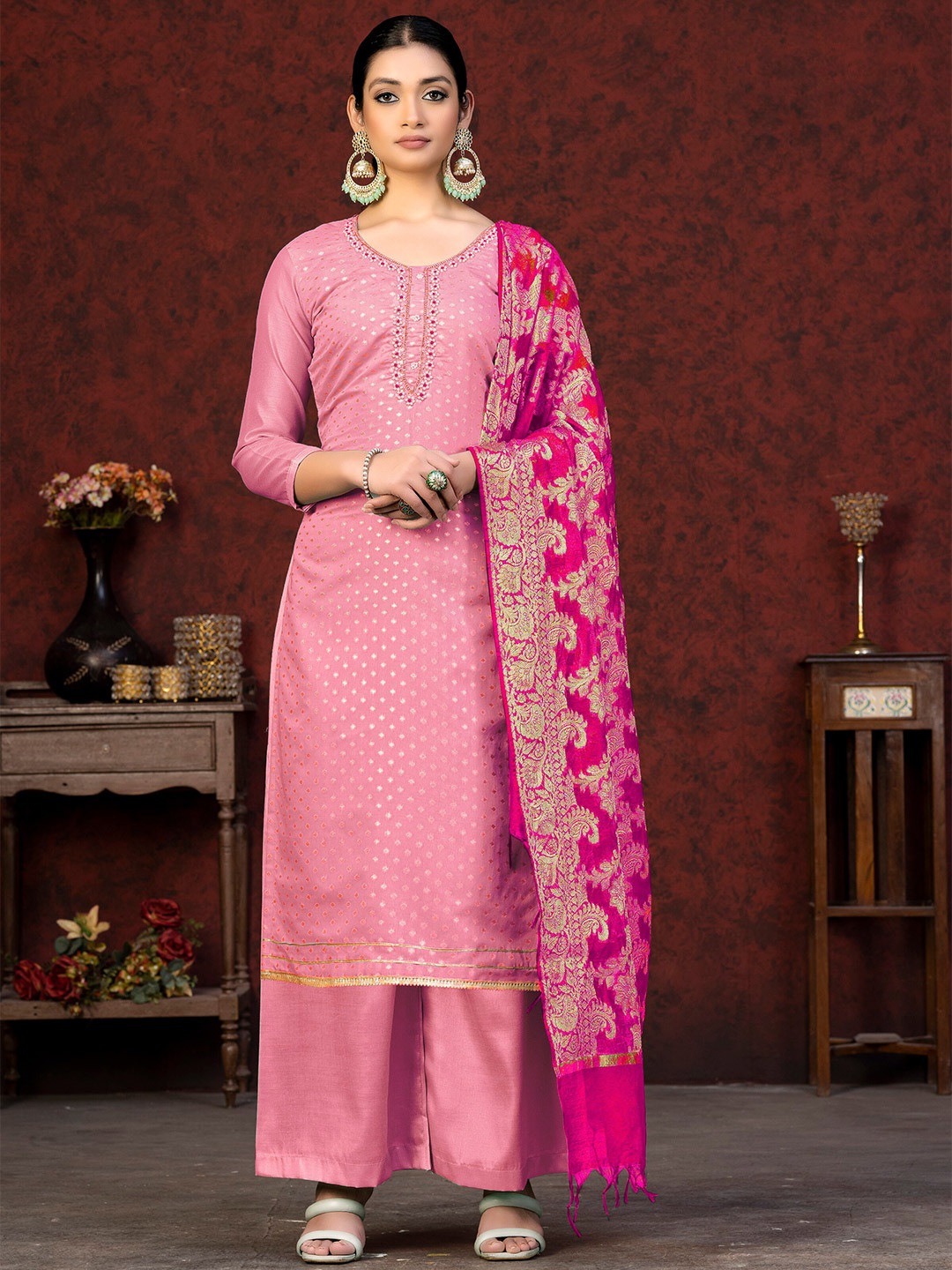 

KALINI Ethnic Motifs Embellished Unstitched Dress Material, Pink