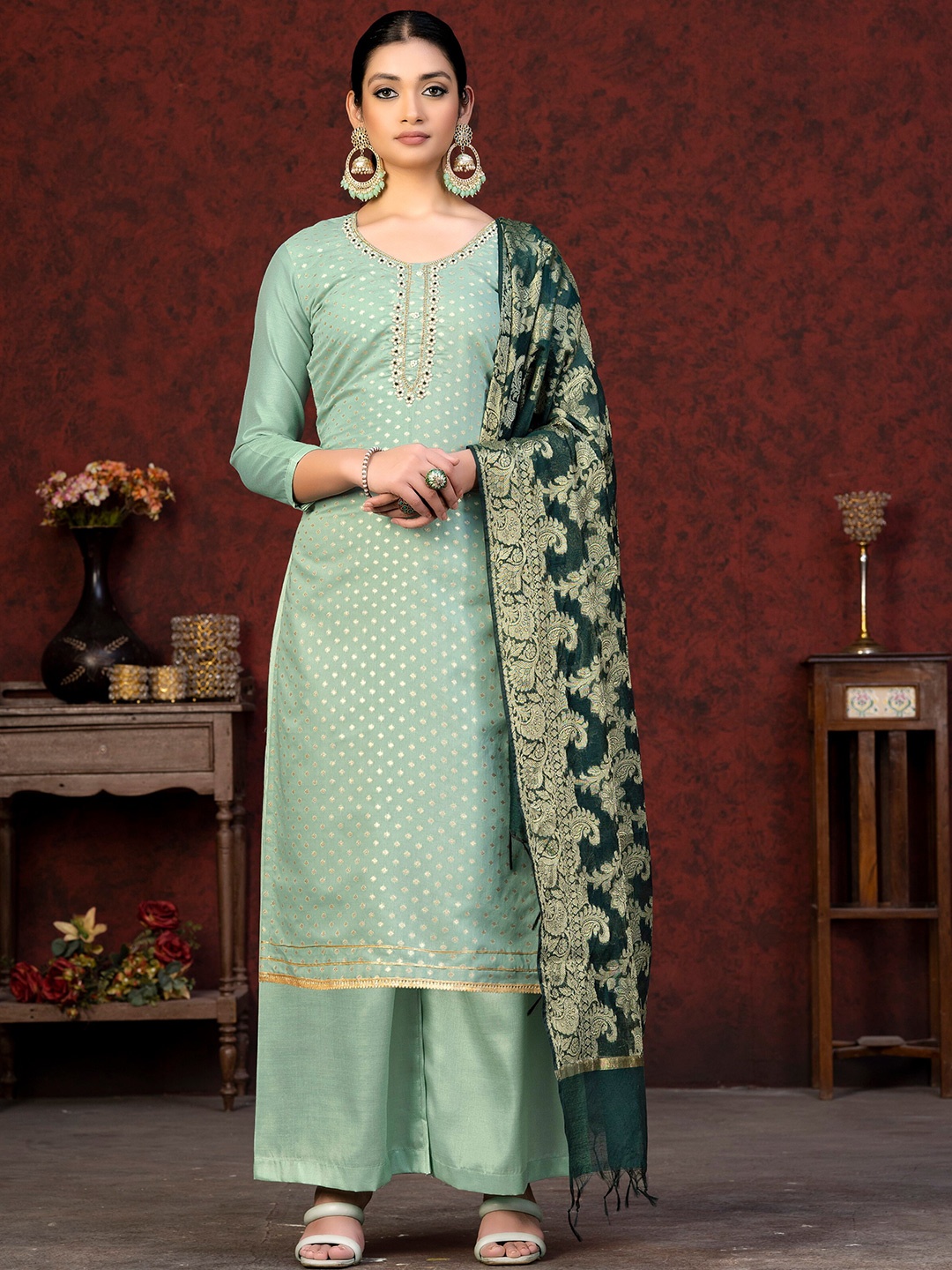 

KALINI Ethnic Motifs Embellished Unstitched Dress Material, Sea green