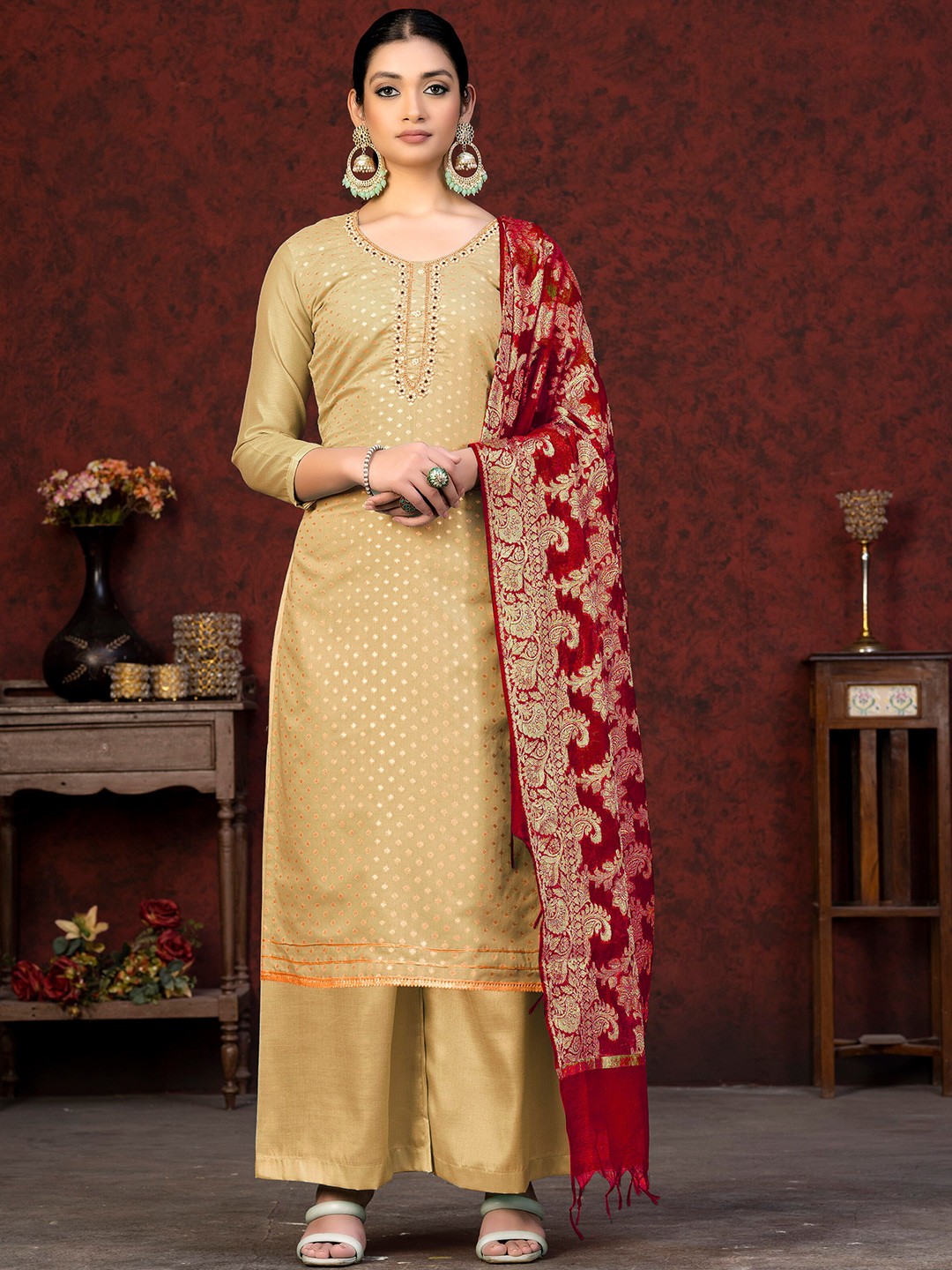 

KALINI Embellished Unstitched Dress Material, Beige