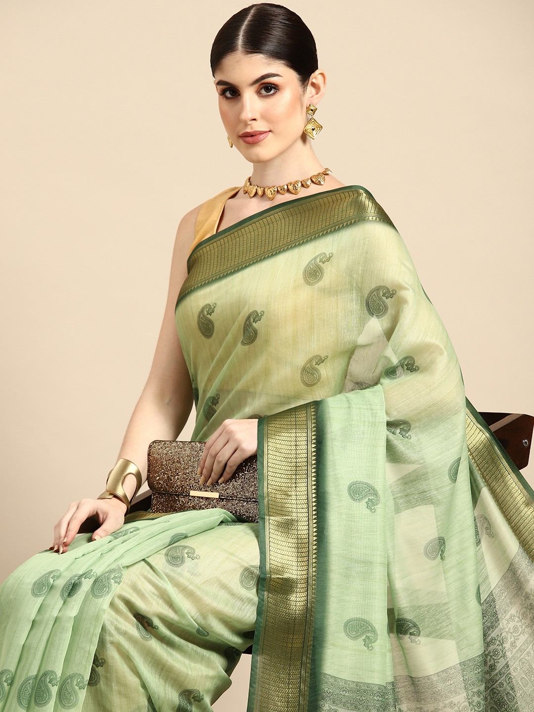 

Silk Land Woven Design Paisley Zari Block Print Saree, Green