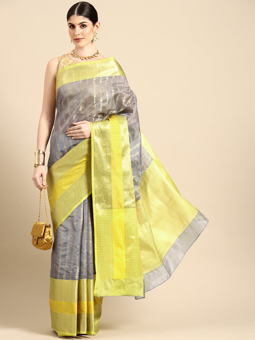

Silk Land Woven Design Striped Zari Kanjeevaram Saree, Grey