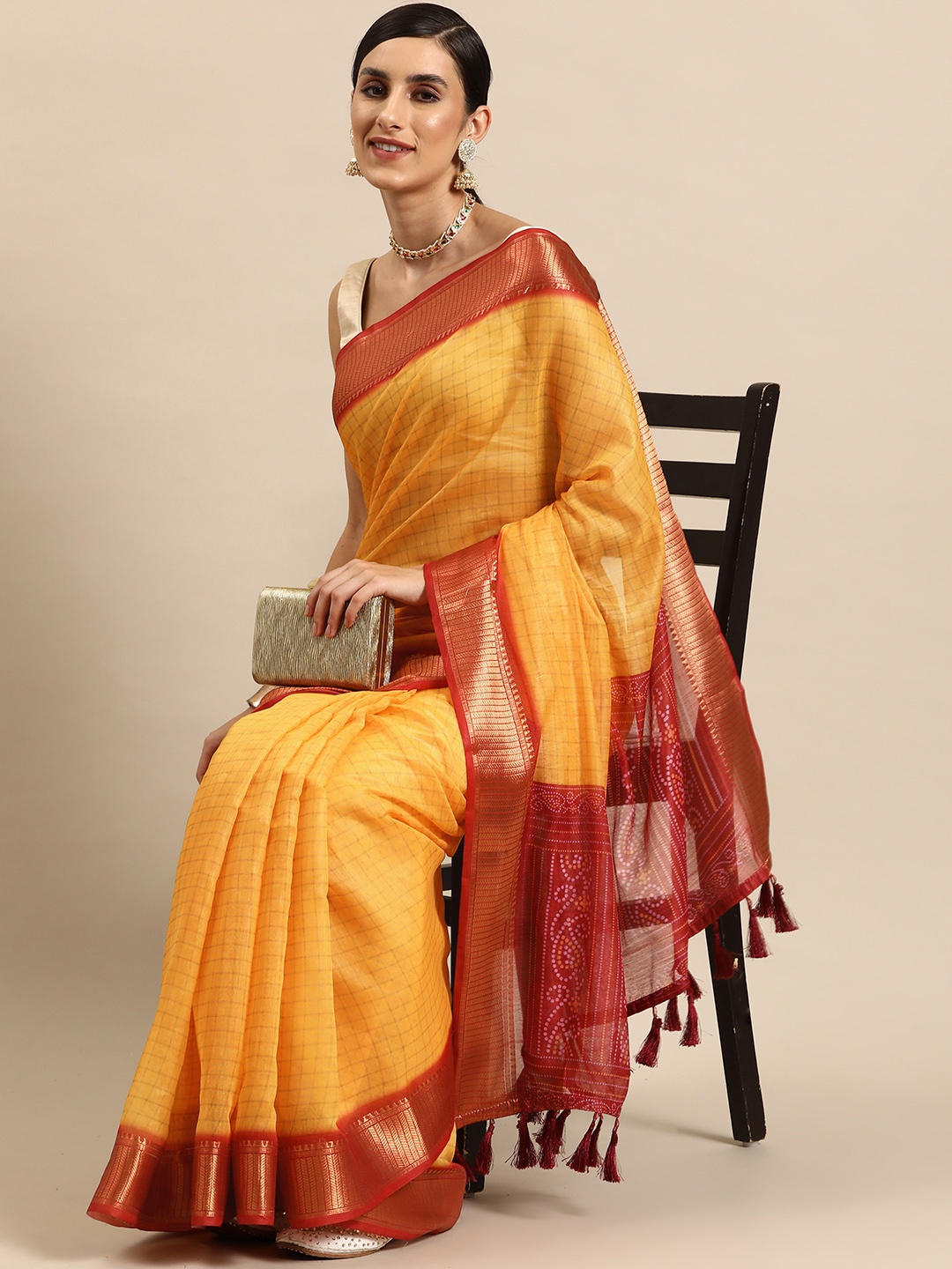 

Silk Land Checked Zari Chanderi Saree, Yellow