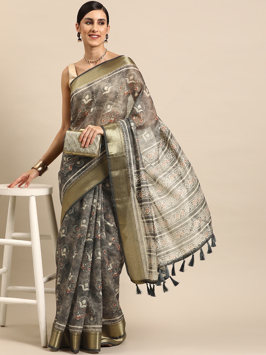 

Silk Land Floral Zari Block Print Saree, Grey