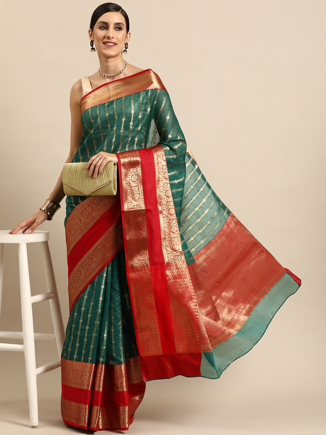 

Silk Land Ethnic Motifs Zari Art Silk Kanjeevaram Saree, Green