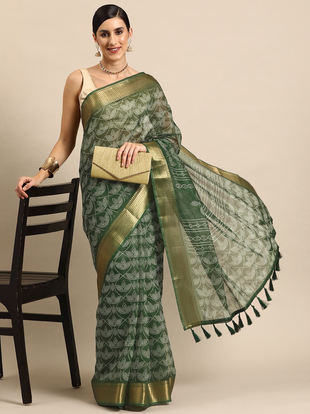 

Silk Land Bandhani Zari Chanderi Saree, Green