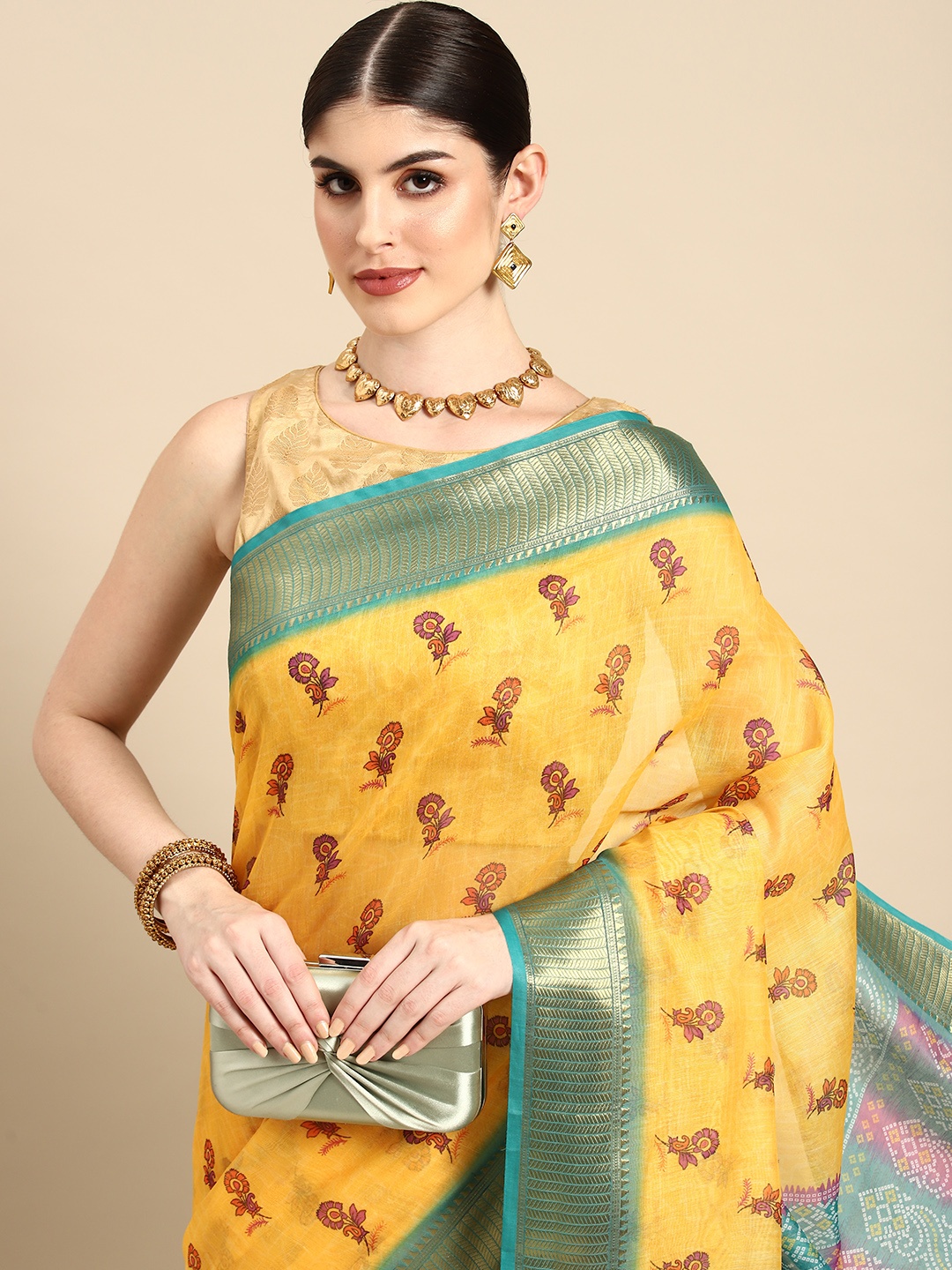 

Silk Land Floral Zari Chanderi Saree, Yellow