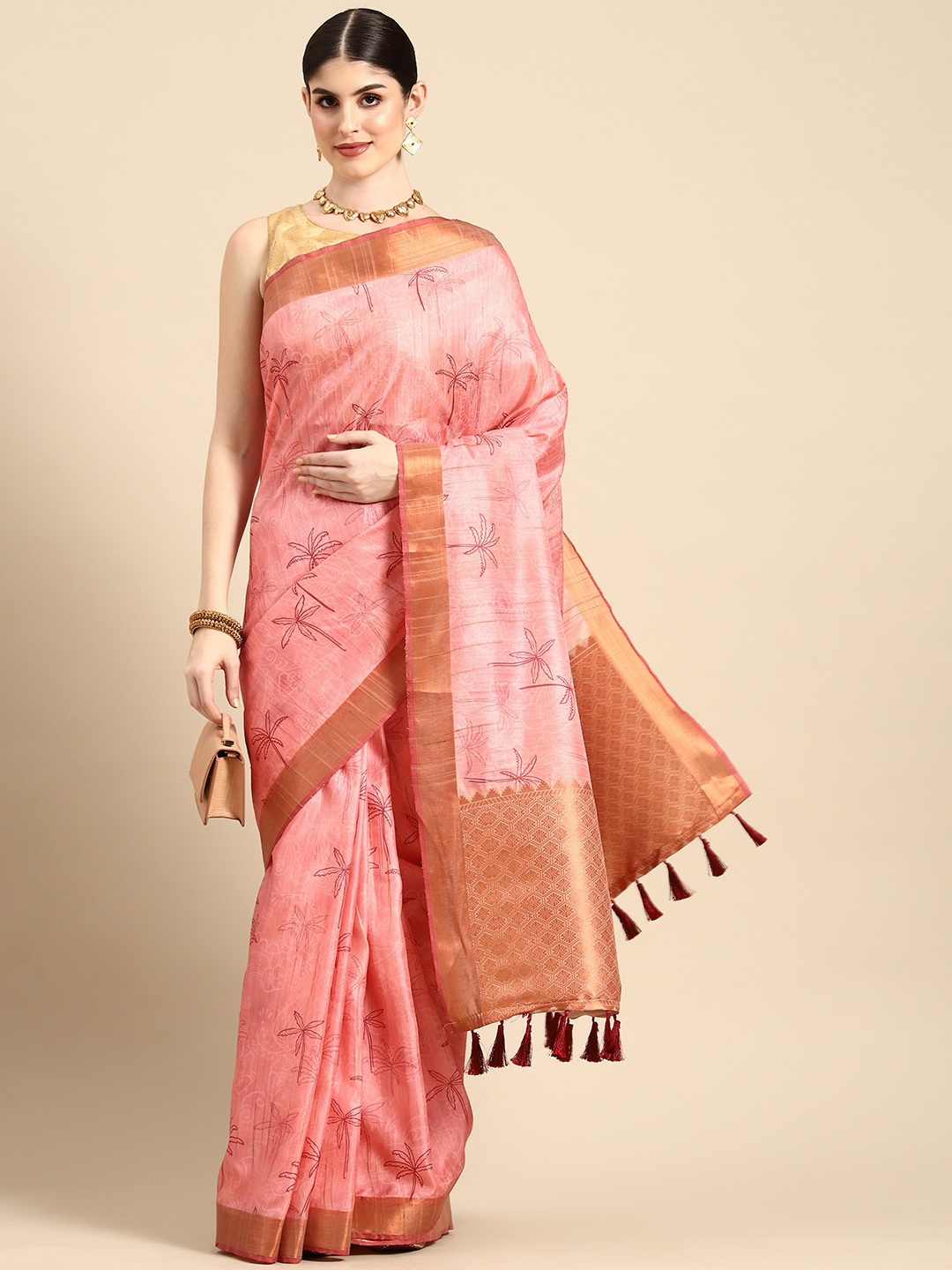 

Silk Land Floral Silk Blend Khadi Digital Print Saree, Pink