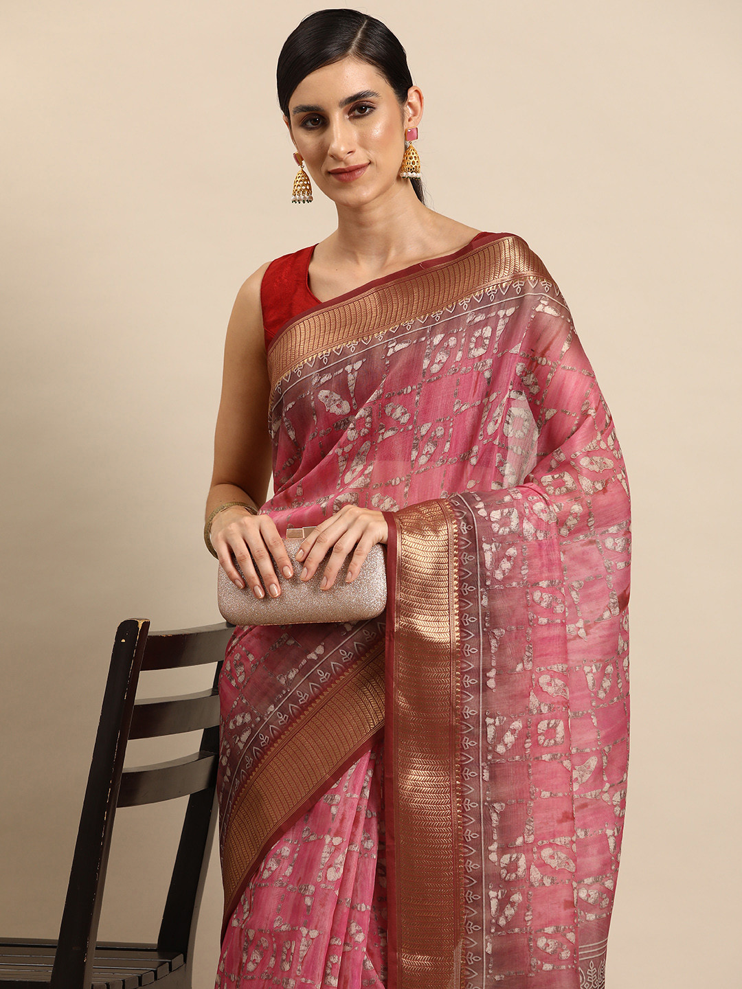 

Silk Land Printed Zari Block Print Saree, Pink