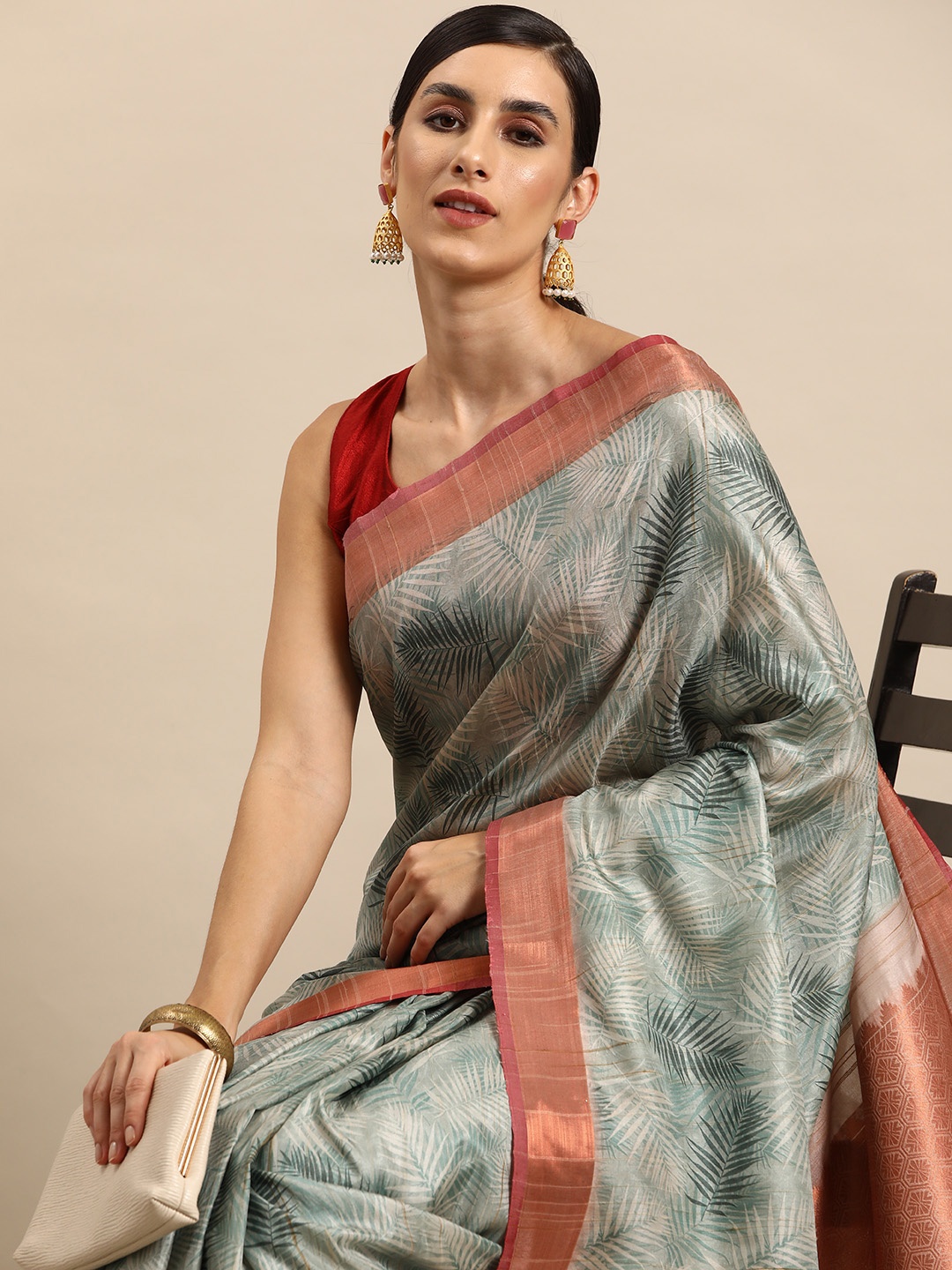 

Silk Land Floral Zari Silk Blend Khadi Saree, Teal