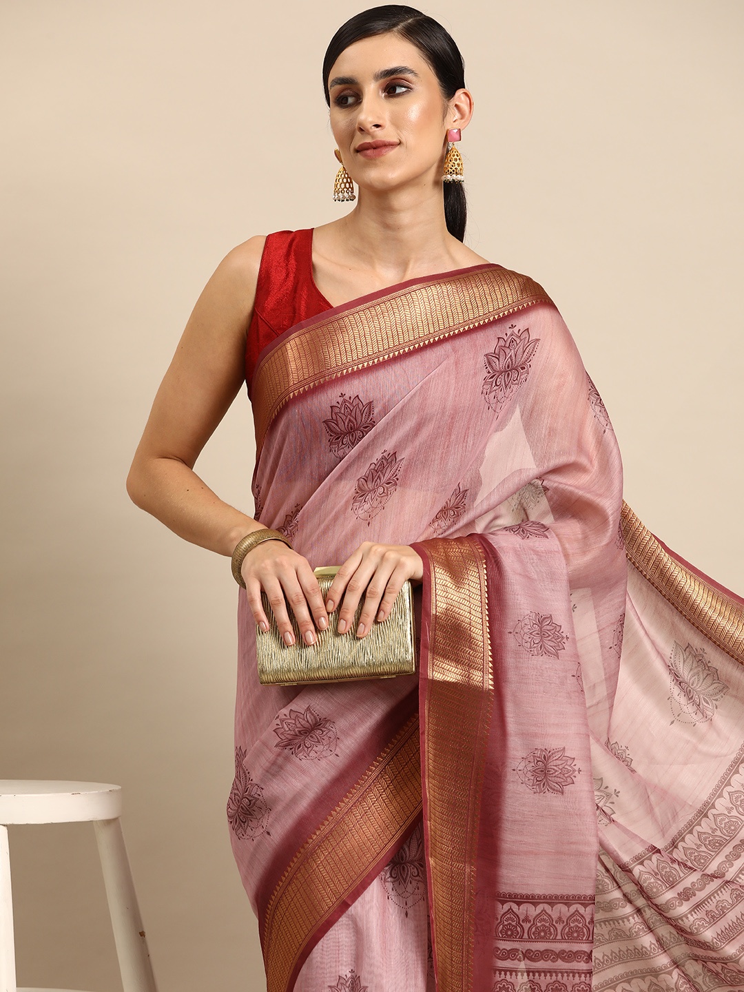 

Silk Land Ethnic Motifs Zari Saree, Pink