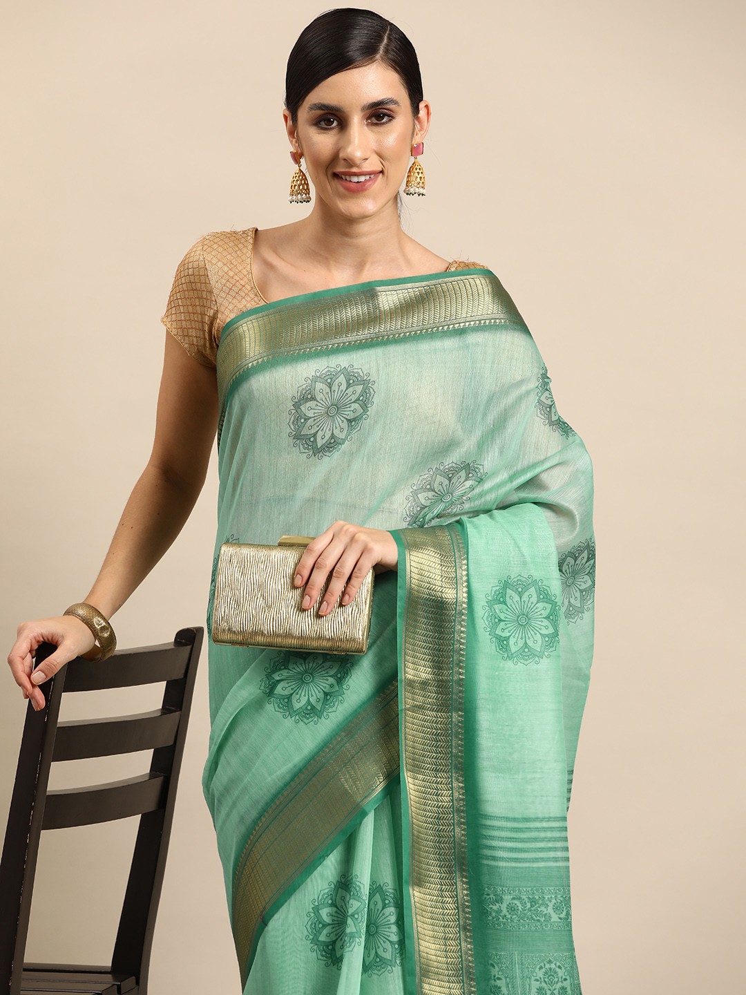 

Silk Land Ethnic Motifs Zari Saree, Sea green