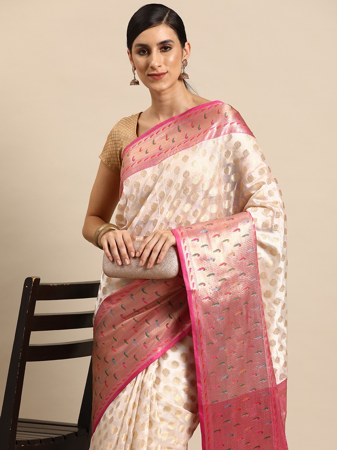 

Silk Land Ethnic Motifs Zari Silk Cotton Kasavu Saree, Off white
